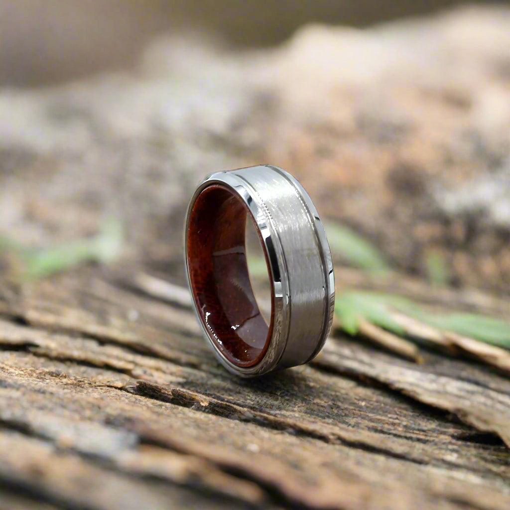 Men's wedding band brushed silver tungsten ring with lines and rosewood inlay. Hashtag Bamboo orbit.