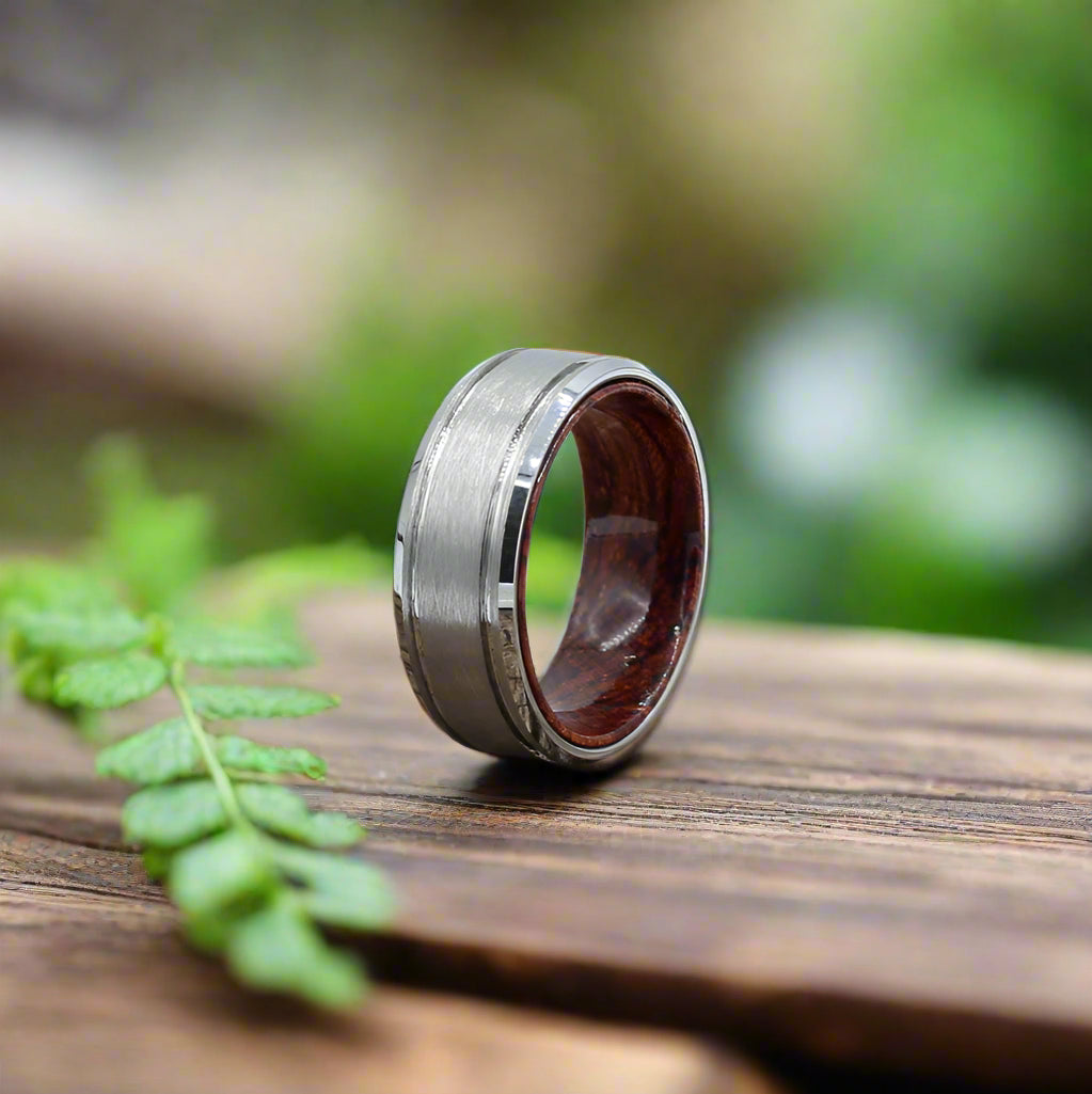 Men's wedding band brushed silver tungsten ring with lines and rosewood inlay. Hashtag Bamboo orbit.