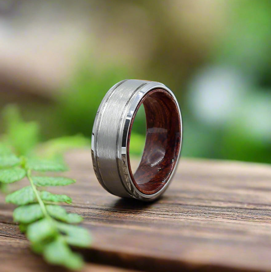 Men's wedding band brushed silver tungsten ring with lines and rosewood inlay. Hashtag Bamboo orbit.