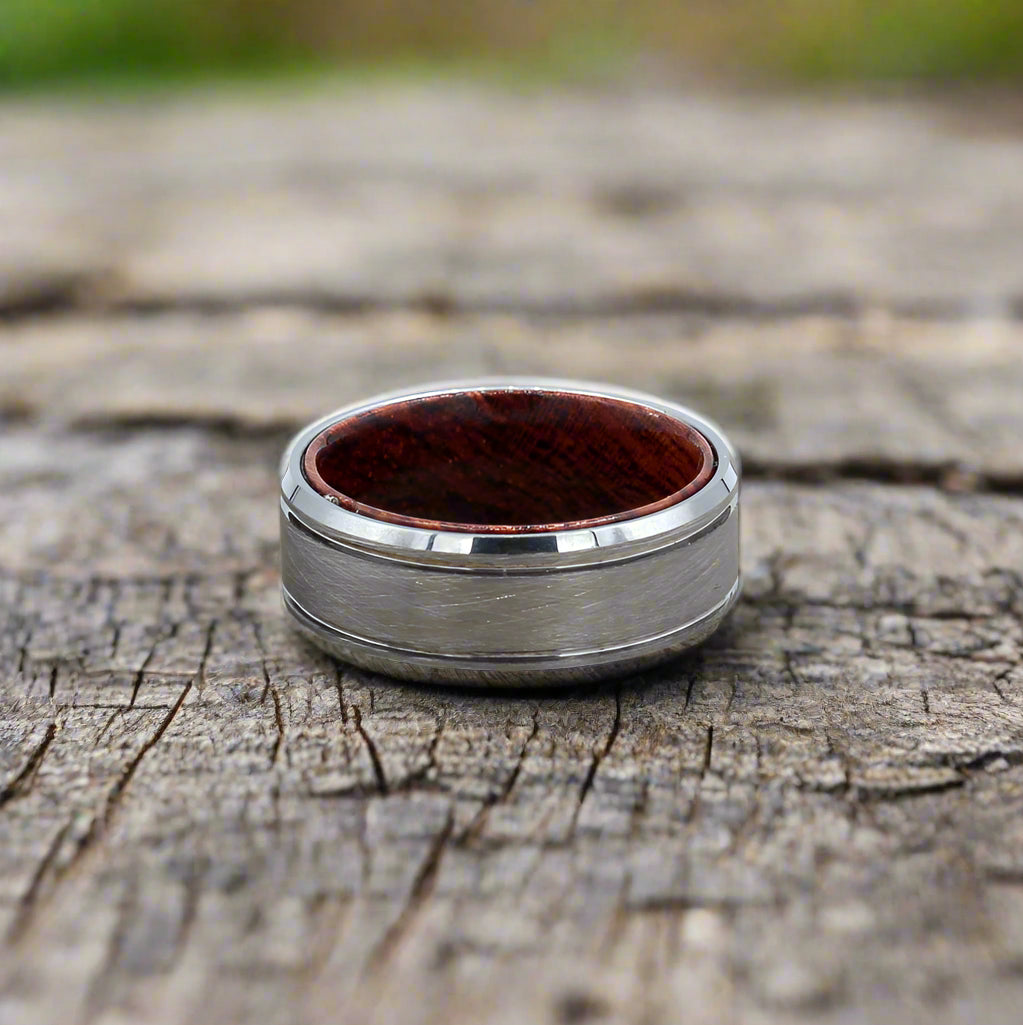 Men's wedding band brushed silver tungsten ring with lines and rosewood inlay. Hashtag Bamboo orbit.