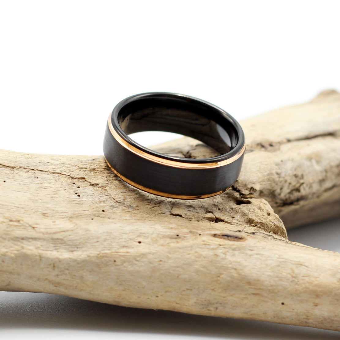 Men's Black Tungsten Ring with Rose Gold Bevelled Edge - Hashtag Bamboo