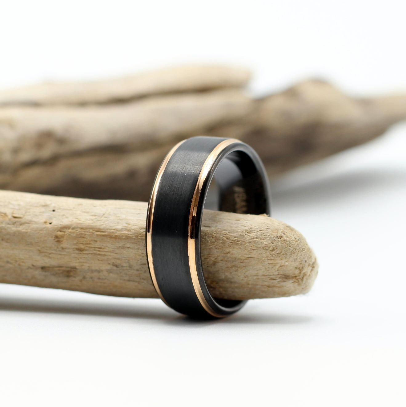 Men's Black Tungsten Ring with Rose Gold Bevelled Edge - Hashtag Bamboo