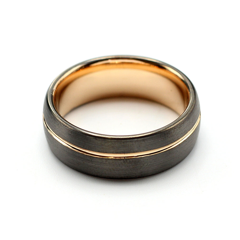 Manly metal gunmetal grey tungsten ring with rose gold inlay, men's 8mm wedding band, personalise your ring for R80.