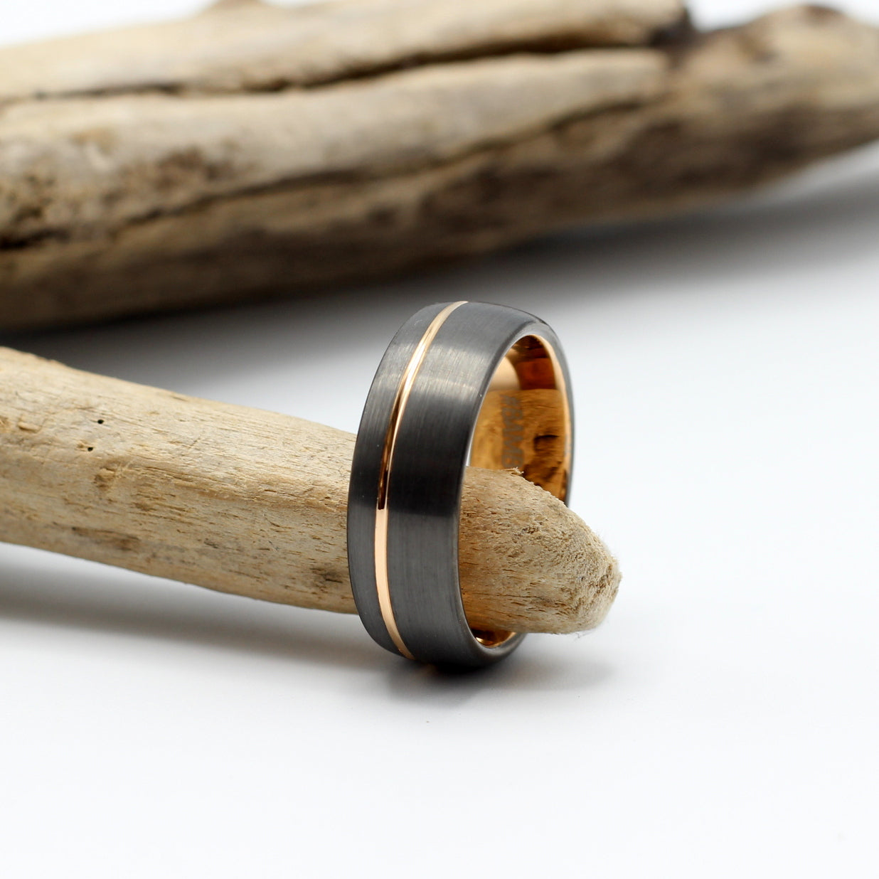 Manly metal gunmetal grey tungsten ring with rose gold inlay, men's 8mm wedding band, personalise your ring for R80.