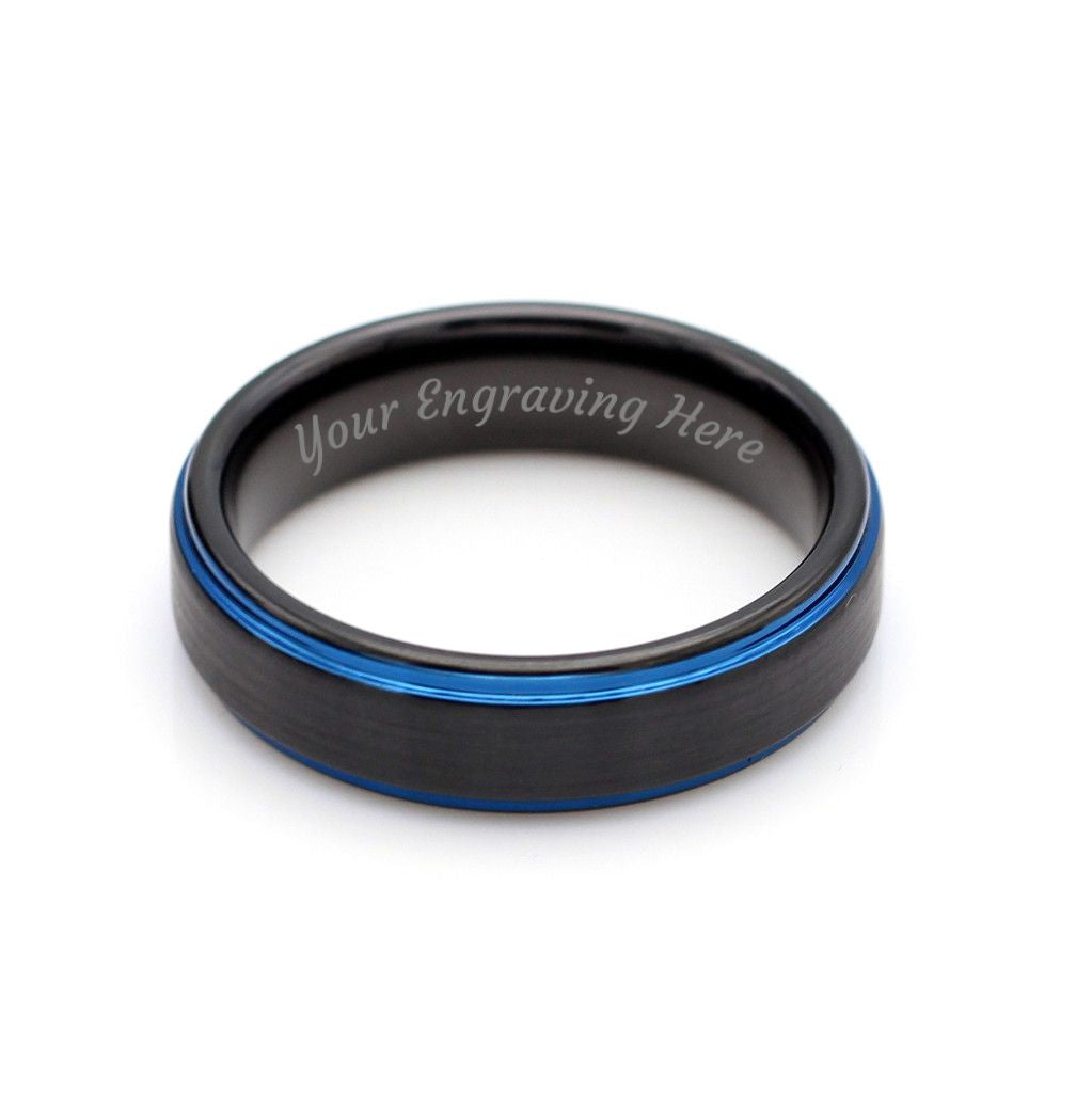 Men's Black Tungsten 6mm Ring with Blue Lines