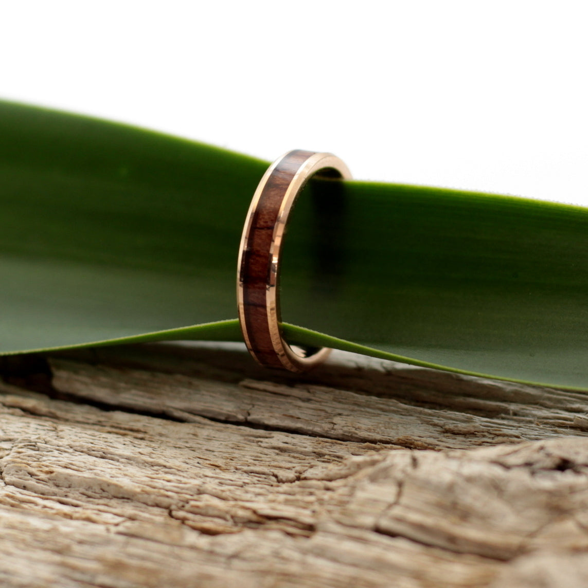 Ladies rose gold tungsten ring with koa wood inlay, 4mm band, matching men's ring available, Hashtag Bamboo, orbit rings.