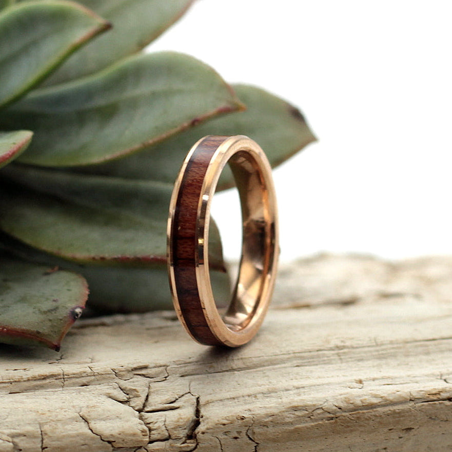 LADIES RING Rose Gold Tungsten with Wood Inlay 4mm – Hashtag Bamboo