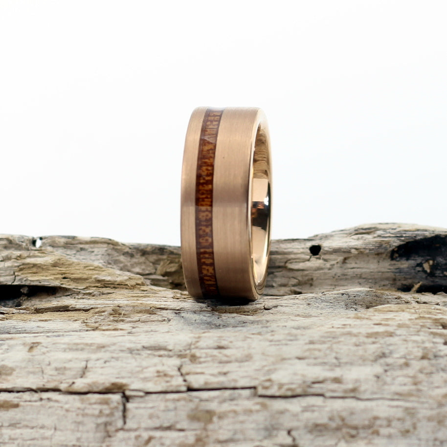 Men's brushed rose gold 8mm band with offset koa wood inlay, wedding rings, hashtag bamboo, orbit, South Africa.