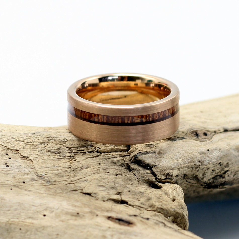 Men's brushed rose gold 8mm band with offset koa wood inlay, wedding rings, hashtag bamboo, orbit, South Africa.