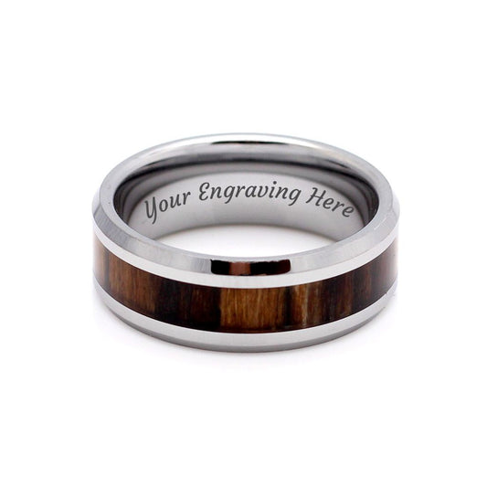 Men's Silver tungsten ring with zebra wood inlay, 8mm men's wedding band. Add in-house engraving for R100.