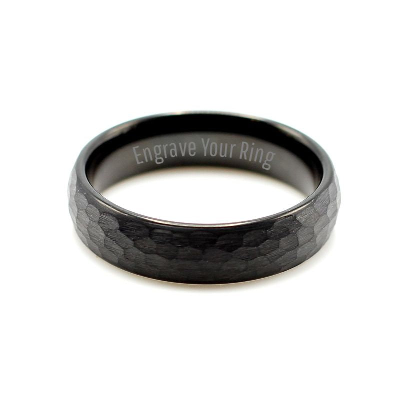 Men's black hammered tungsten ring, 6mm wedding band with matt hammer finish. New trend for 2021 in men's jewellery. Hashtag Bamboo SA.