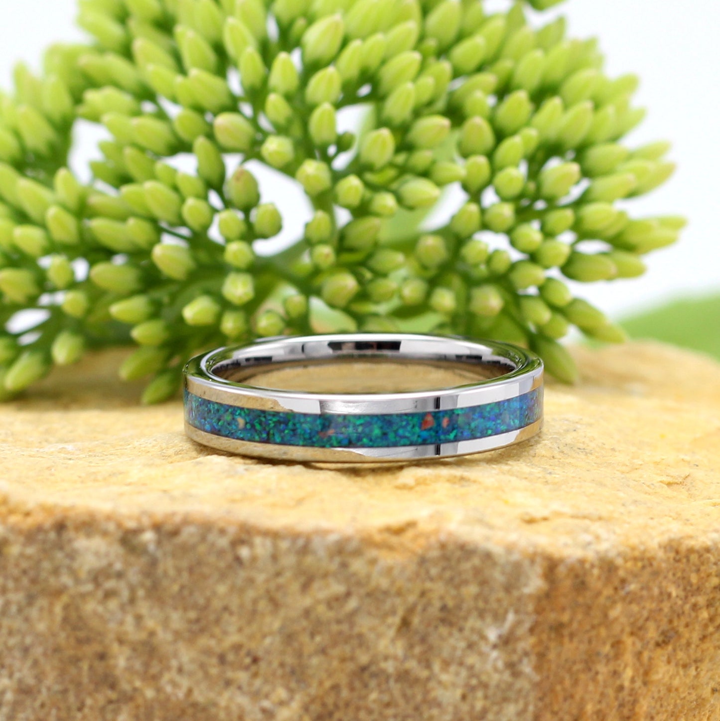 LADIES RING Silver Tungsten with Blue Opal 4mm Band