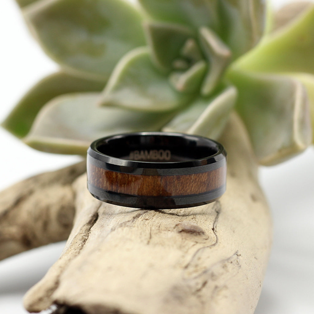 Men's black tungsten with koa wood inlay, 8mm wedding band, engrave a message, delivery within 48 hrs.