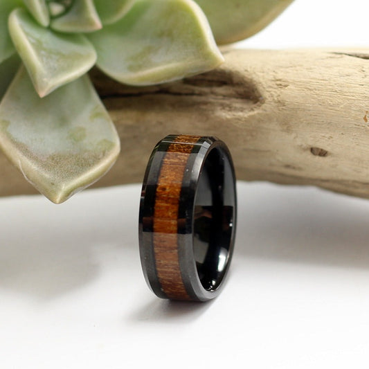 Men's black tungsten with koa wood inlay, 8mm wedding band, engrave a message, delivery within 48 hrs.