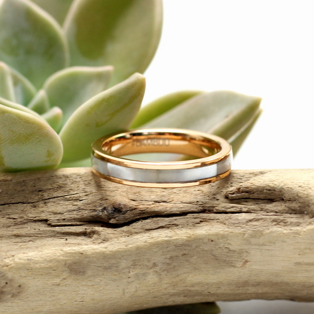 Ladies rose gold tungsten ring with mother of pearl inlay, 4mm band, engrave a special message.