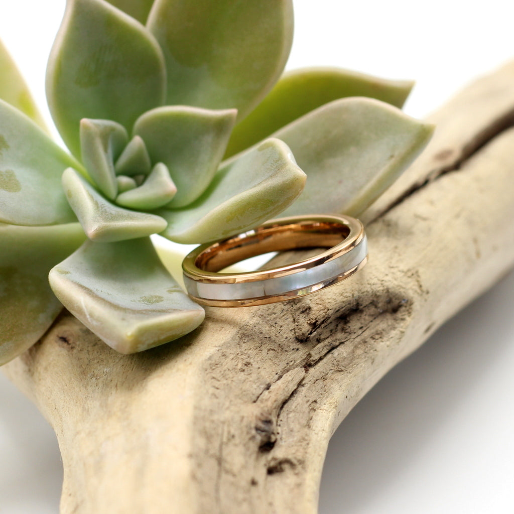 Ladies rose gold tungsten ring with mother of pearl inlay, 4mm band, engrave a special message.