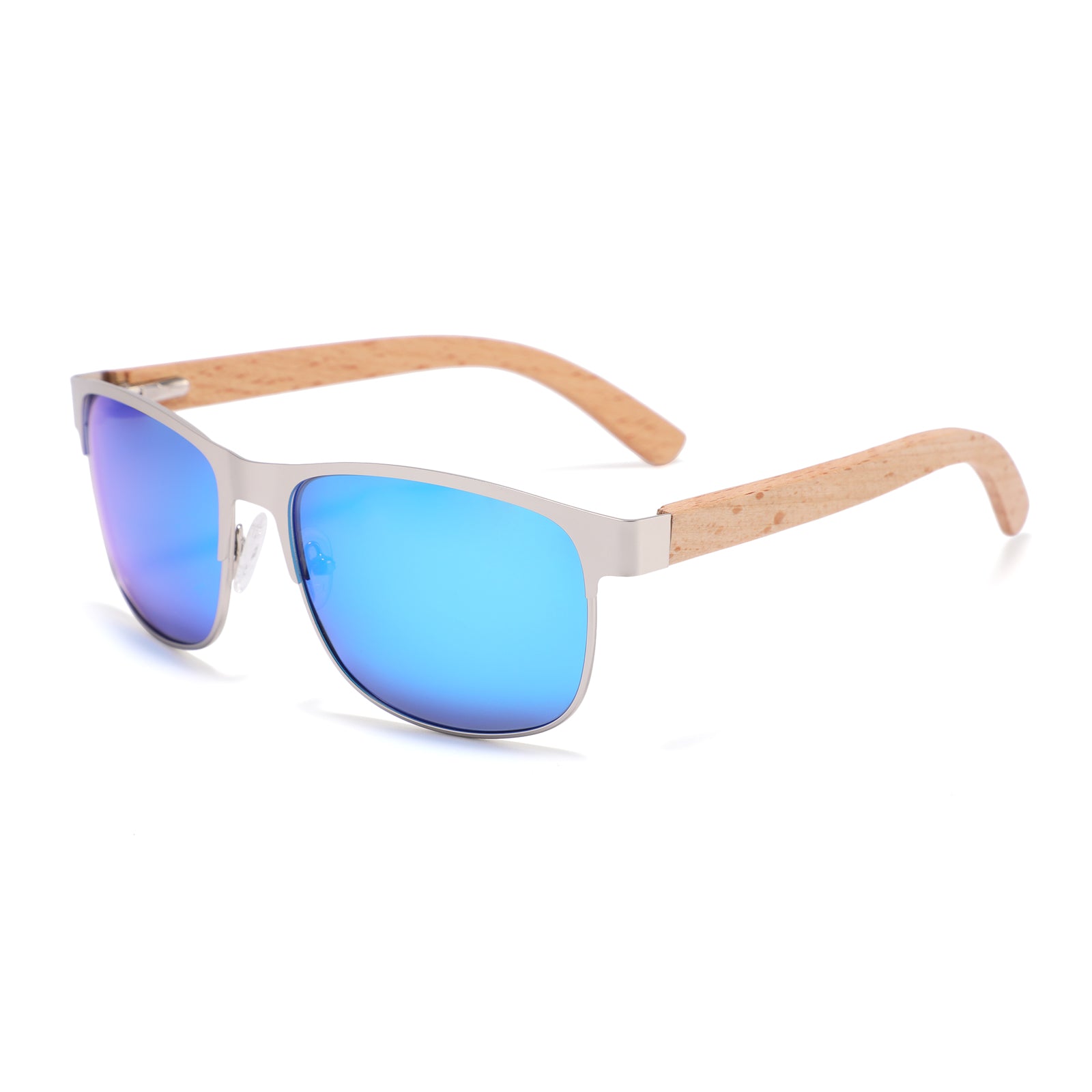 HOLLYWOOD BLUE Men's Metallic Sunglasses Mirror Polarised Lens Wooden Arms - Hashtag Bamboo