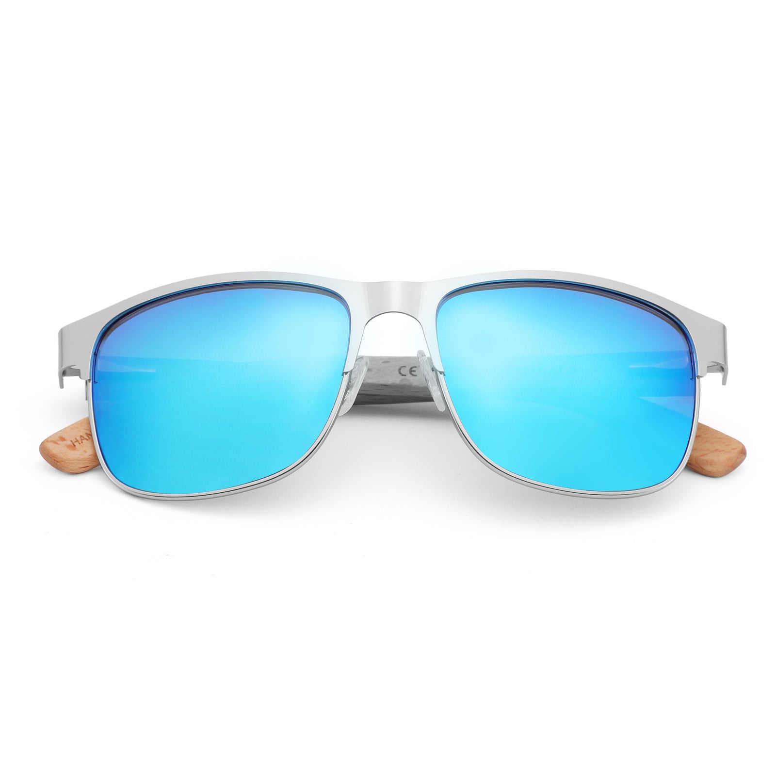 HOLLYWOOD BLUE Men's Metallic Sunglasses Mirror Polarised Lens Wooden Arms - Hashtag Bamboo