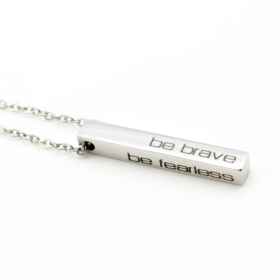 Stainless steel bar pendant necklace, warrior woman inspired, silver mantra jewellery, ladies, woman, gifts for girls, empowered, fearless jewellery by Hashtag Bamboo Studio.