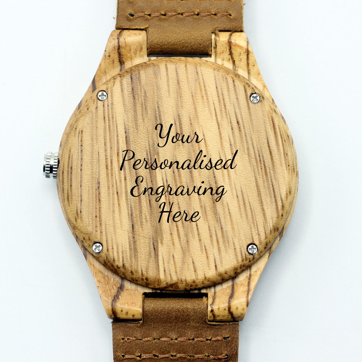 Men's zebra wooden watch with tan leather strap. Wood cross section face, engrave a message on the back. Hashtag Bamboo South Africa.