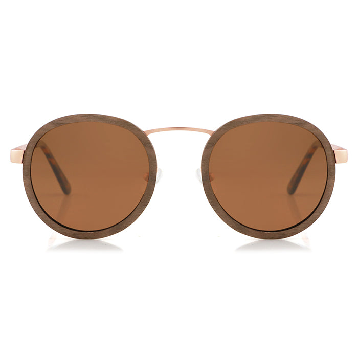 Hipster Round sunglasses solid walnut wood brown polarised lens and rose gold frame.