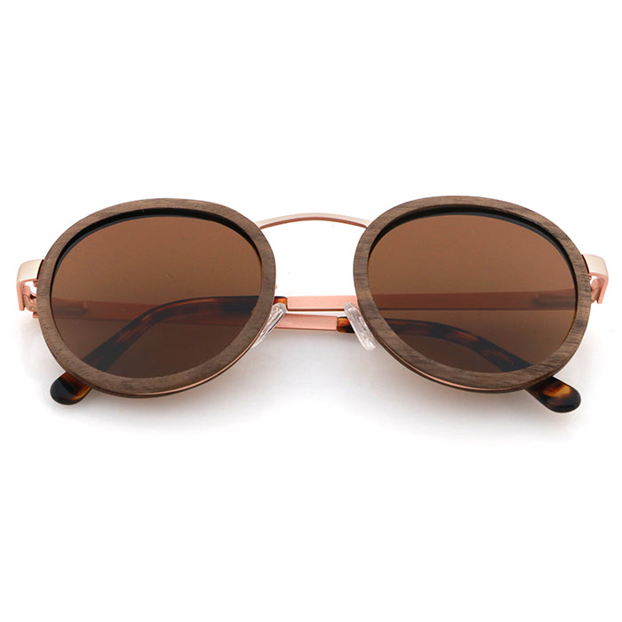 Hipster Round sunglasses solid walnut wood brown polarised lens and rose gold frame.