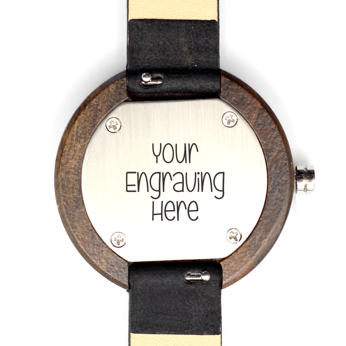 Kanso CUTIE Round Petite Wooden Watch ebony wood with vegan leather black strap, make it personal and engrave a message on the back. Shipping only R59.