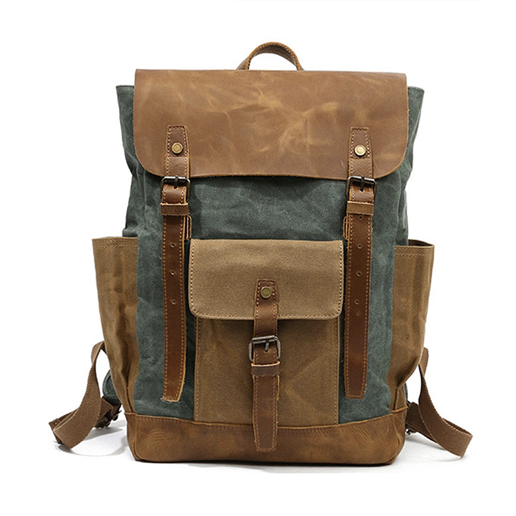 MANJARO GREEN Waxed Canvas Genuine Leather Backpack