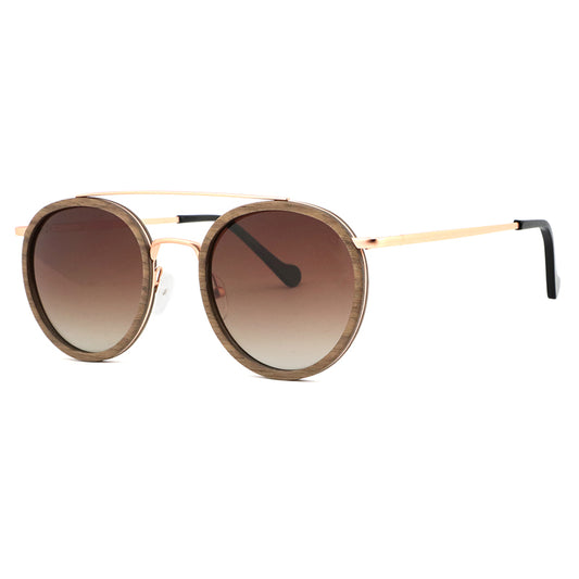 LOHAN BROWN Walnut Wood Round Sunglasses Polarised Lens