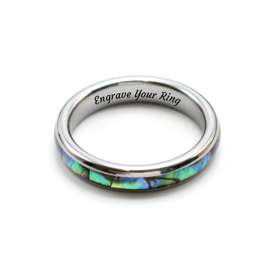 Ladies silver tungsten ring with shell inlay, 4mm, matching men's ring also available, couples rings by Hashtag Bamboo.