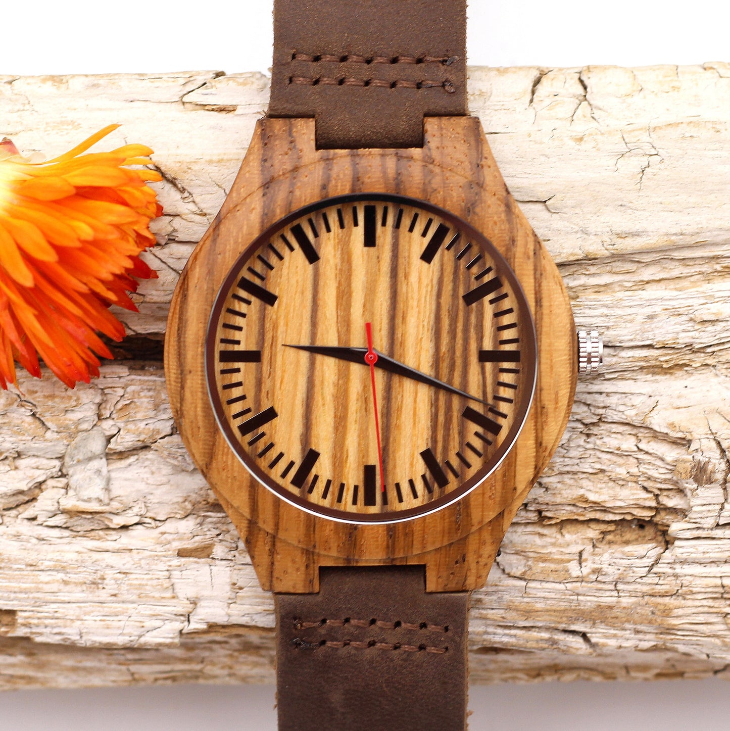 MANLY ZEEBRA - Wooden Watch with Brown Leather Strap - Hashtag Bamboo