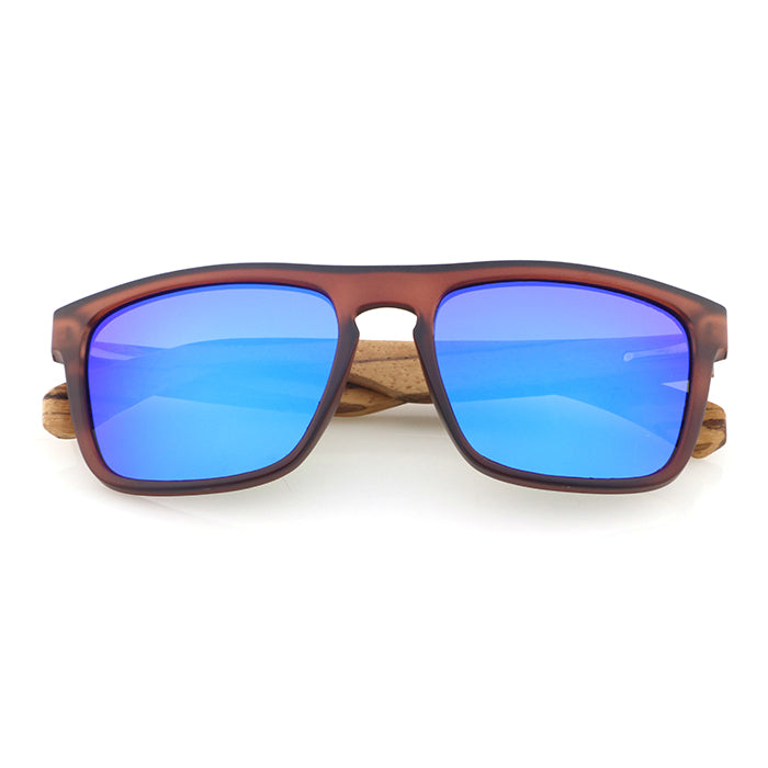 MANSHADY Opaque Brown Sunglasses Blue Mirror Polarised Lens Wooden Arms - Hashtag Bamboo