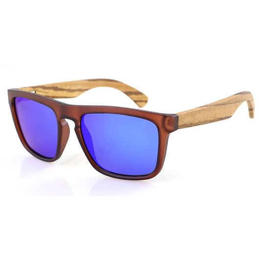 MANSHADY Opaque Brown Sunglasses Blue Mirror Polarised Lens Wooden Arms - Hashtag Bamboo