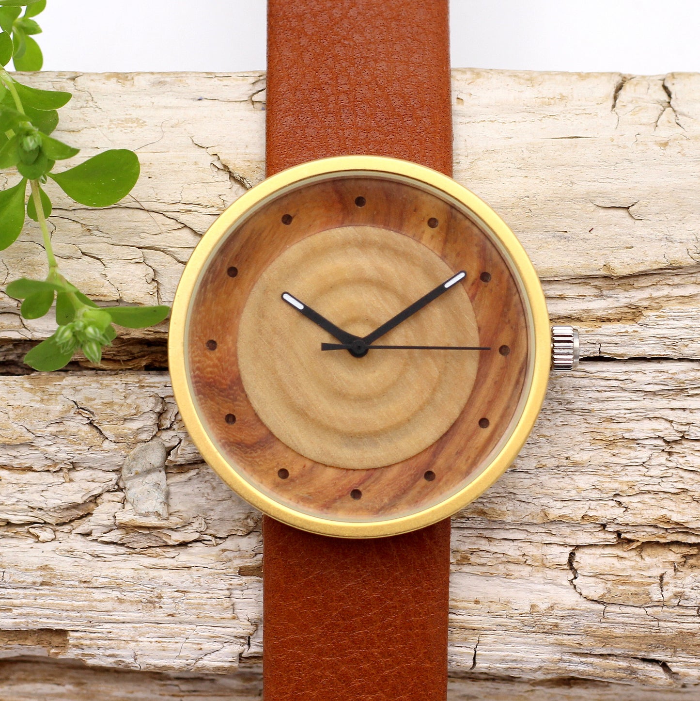 MORI METAL TAN KANSO Round Wooden Watch Olive Wood - Hashtag Bamboo