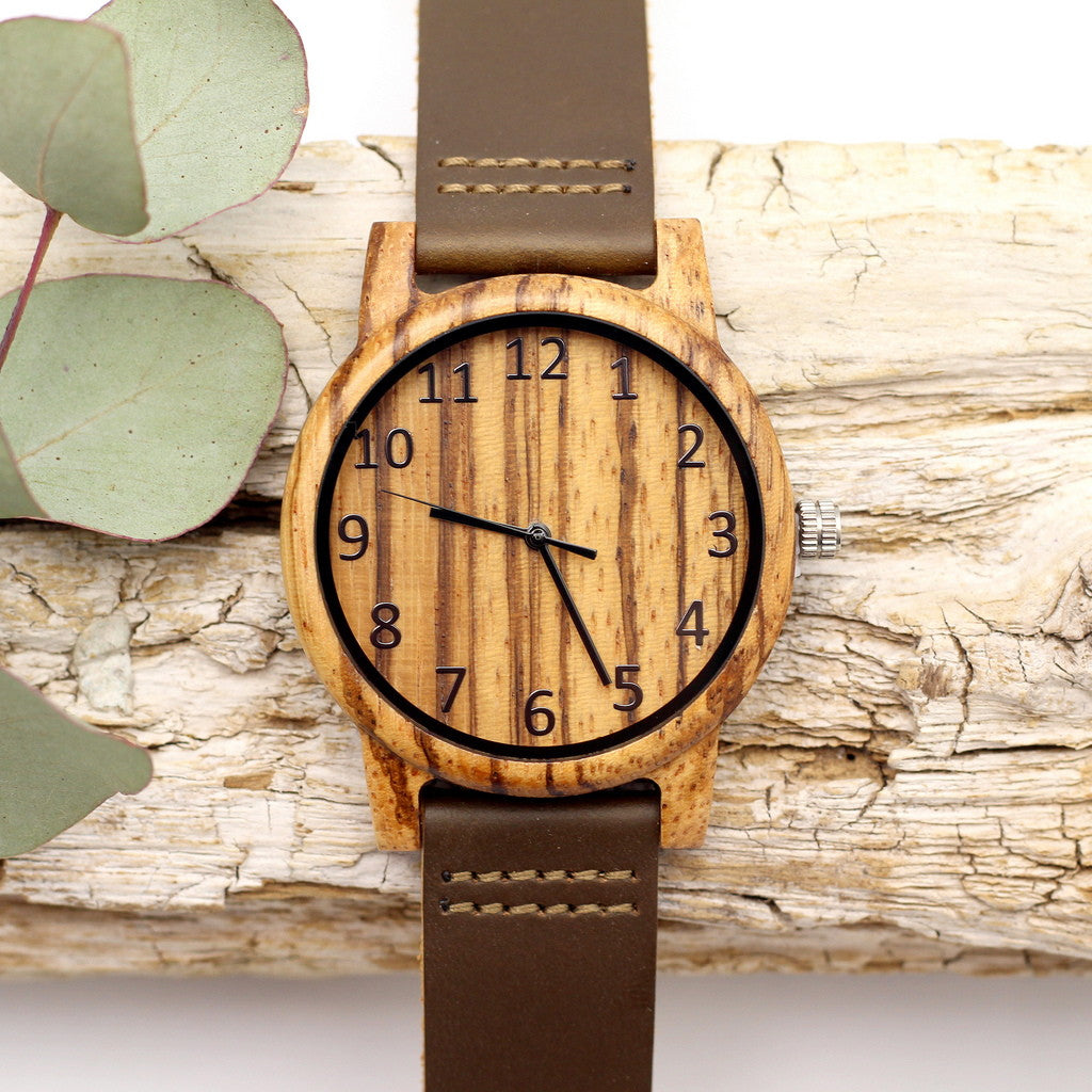MANLY NOBLE: Wooden Watch with Brown Leather Strap. Wooden watches in South Africa. Engrave a message on the back for R100.