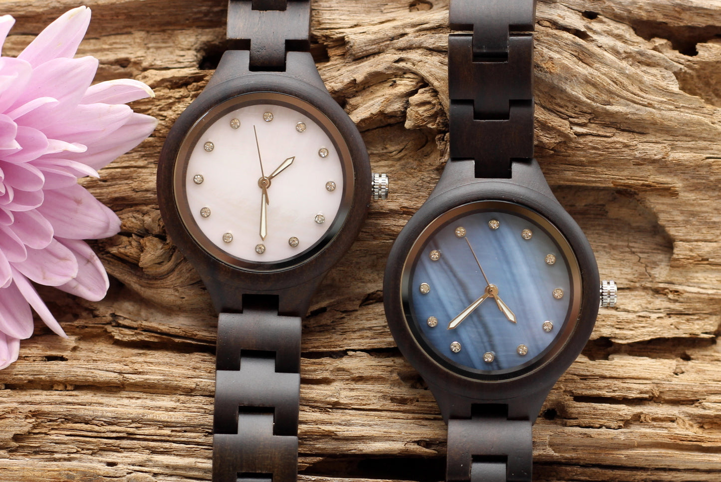 Ladies Wooden watch ebony wood with pink mother of pearl face and diamante watch face. Solid wooden strap with engraving option on the back.