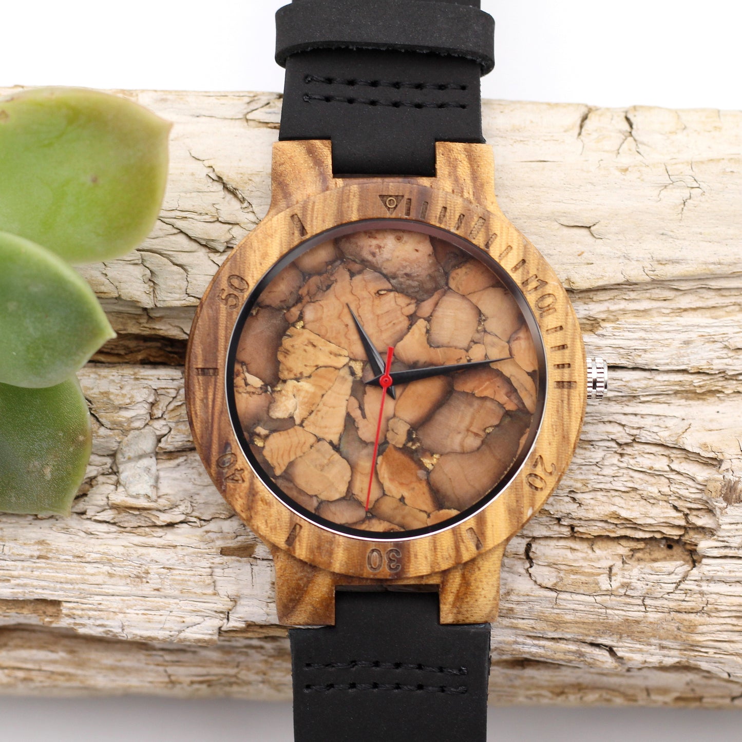 SHERLOCK Men's Wooden Watch with Black Leather Strap