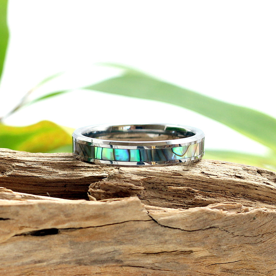 LADIES RING Silver Tungsten Bevelled Blue Green Iridescent Inlay 4mm Band - Hashtag Bamboo