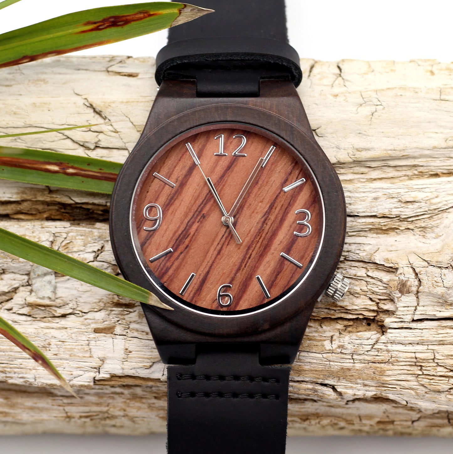 MANLY UMBER - Wooden Watch with Black Leather Strap - Hashtag Bamboo