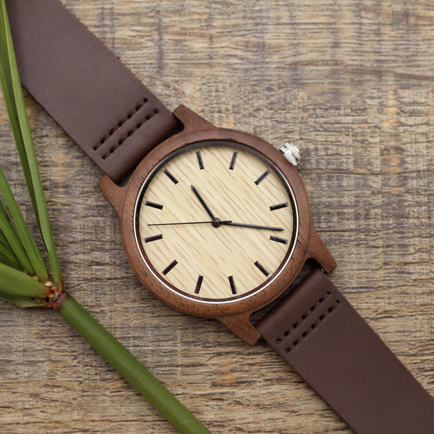 WATSON Men's Walnut Wood Watch with Leather Strap