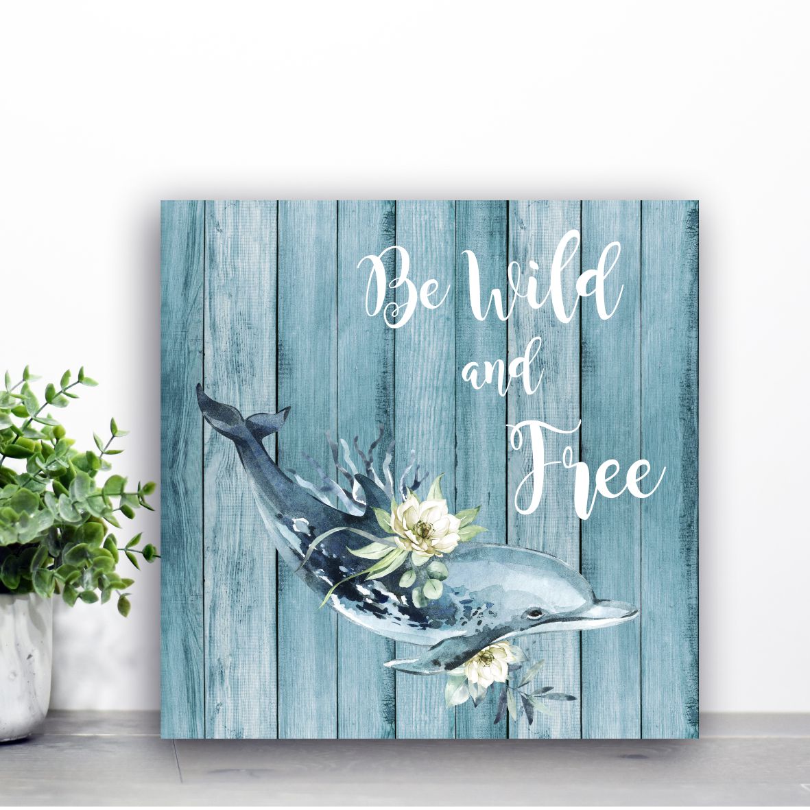 Blue wood print, dolphin, wooden board, farmhouse decor, rustic sign, duck-egg blue floral print, hashtag bamboo.