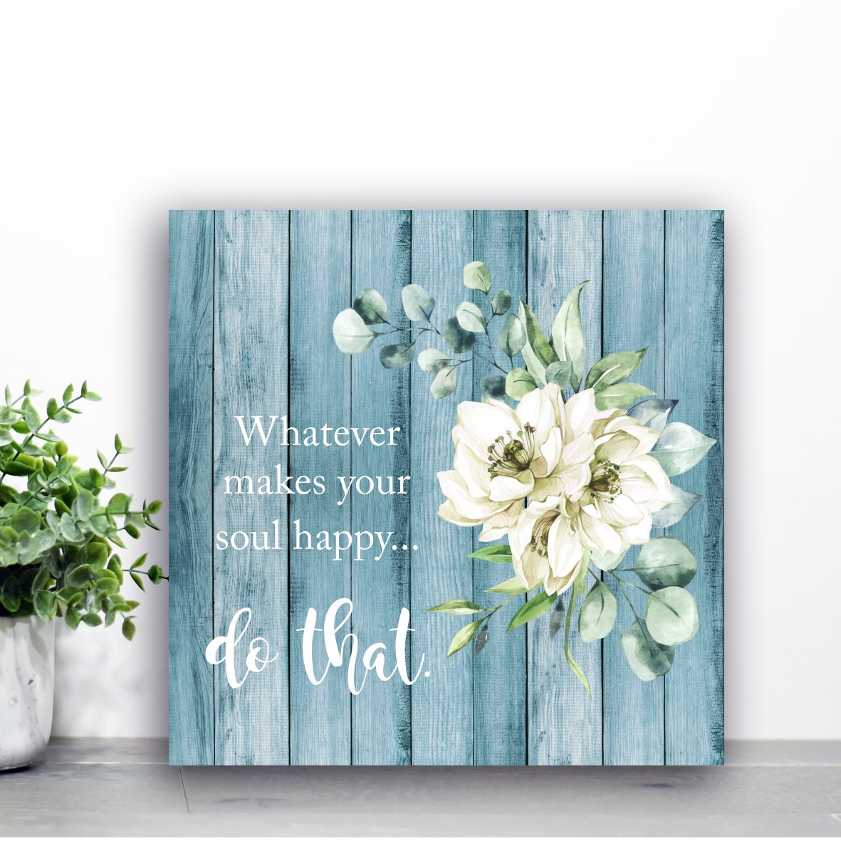 Wall art wooden print, duck-egg blue floral, farmhouse, rustic, shabby chic wooden panel with watercolour design.