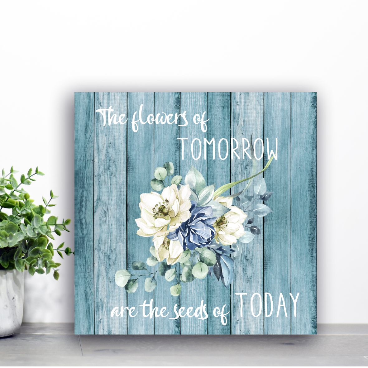 Wall art wooden print, duck-egg blue floral, farmhouse, rustic, shabby chic wooden panel with watercolour design.