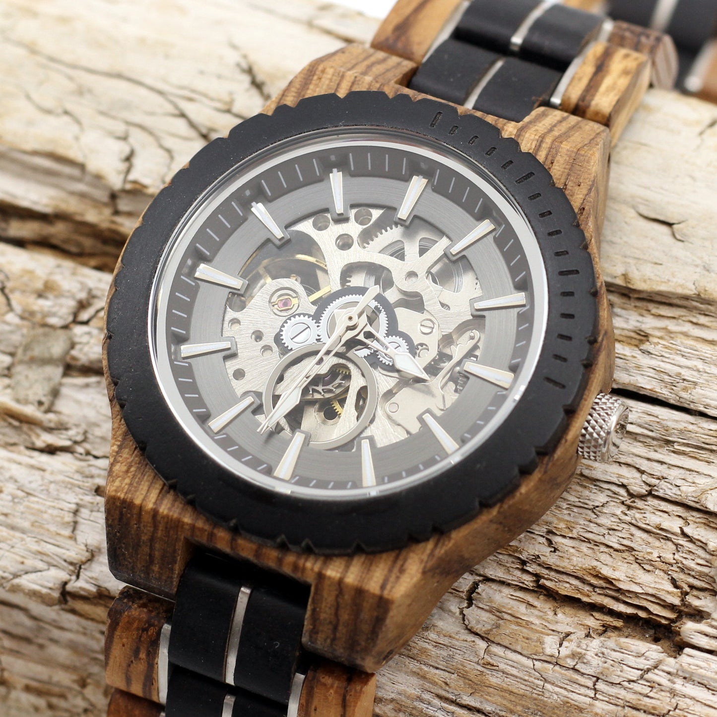 COGSMITH SILVER Two-Tone Mens Skeleton Wooden Mechanical Watch