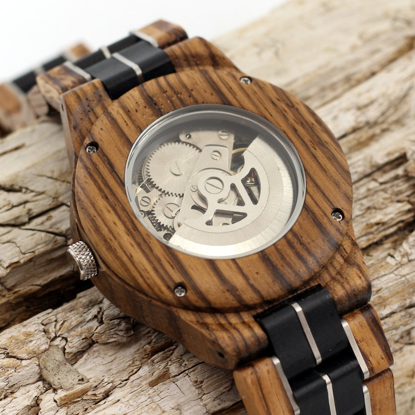 COGSMITH SILVER Two-Tone Mens Skeleton Wooden Mechanical Watch