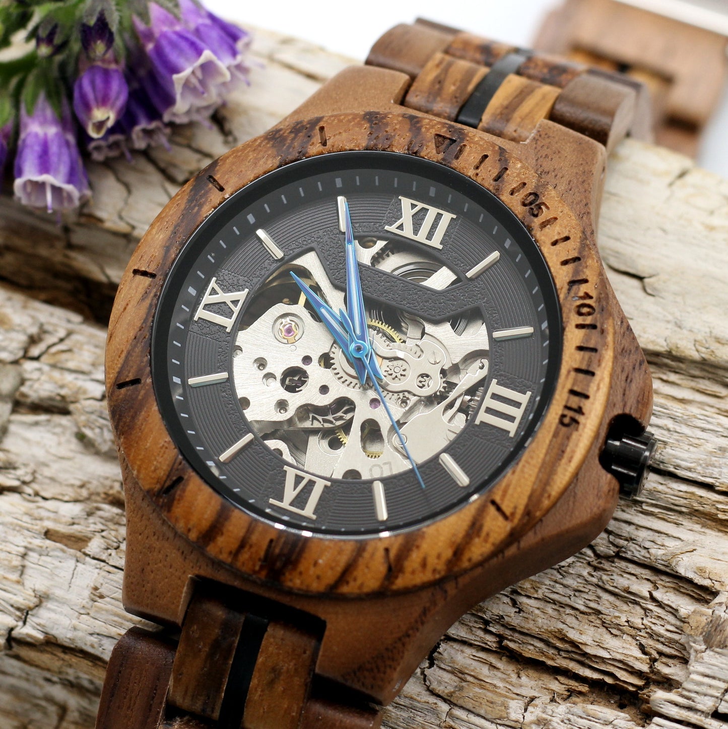 COGSMITH BLUE Two-Tone Mens Skeleton Wooden Mechanical Watch