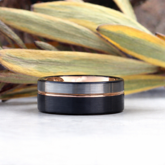 Men's Tri-Colour Tungsten Ring Black, Silver & Gold 8mm - Hashtag Bamboo
