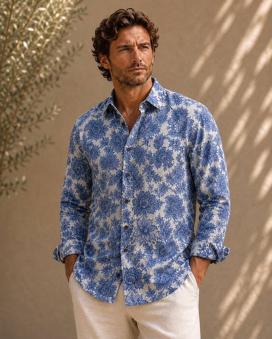 Men's Printed 100% Cotton Shirt | Blue Floral