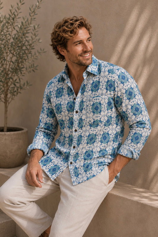 Men's Printed 100% Cotton Shirt | Blue Green Mosaic