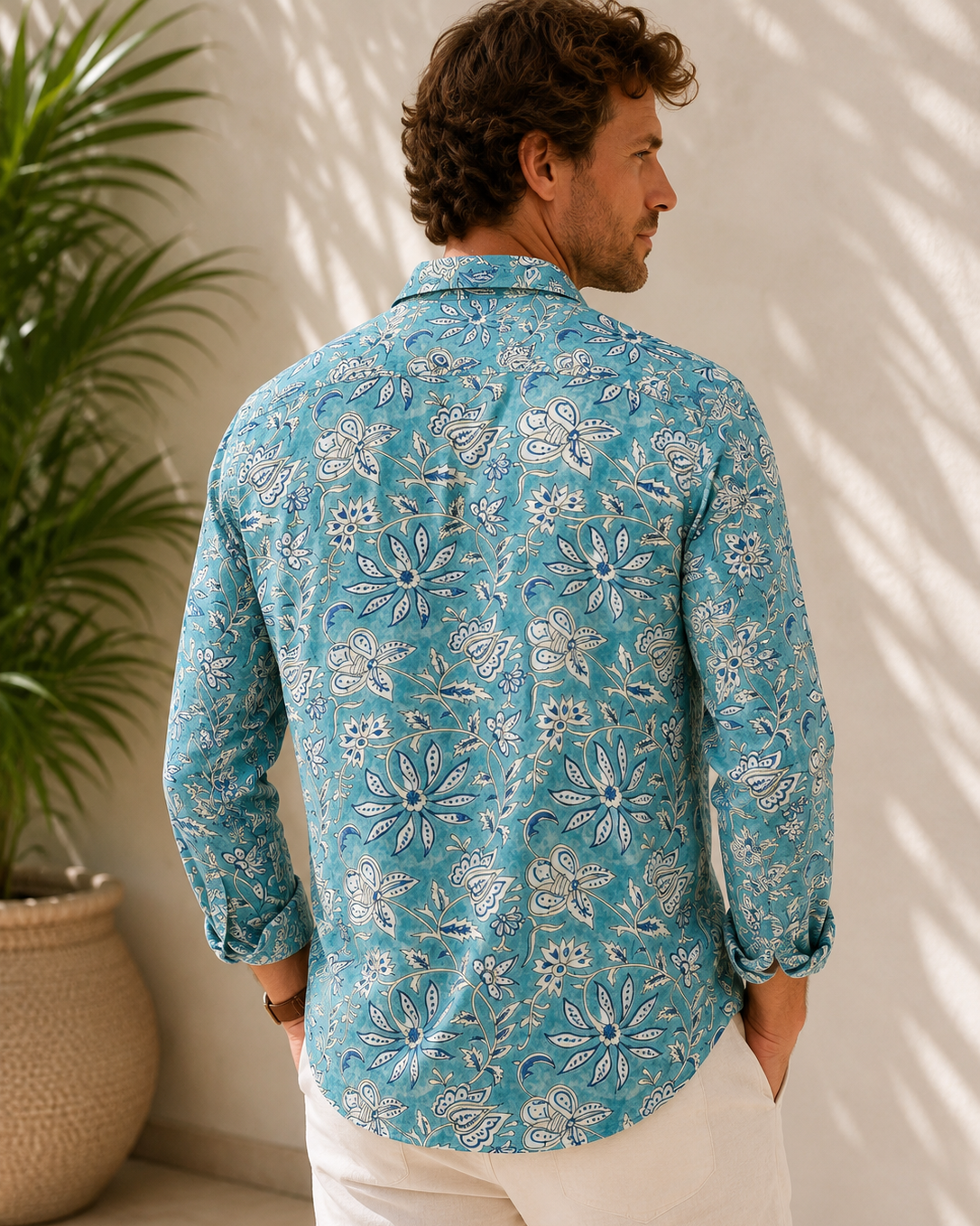 Men's Printed 100% Cotton Shirt | Turquoise Blue